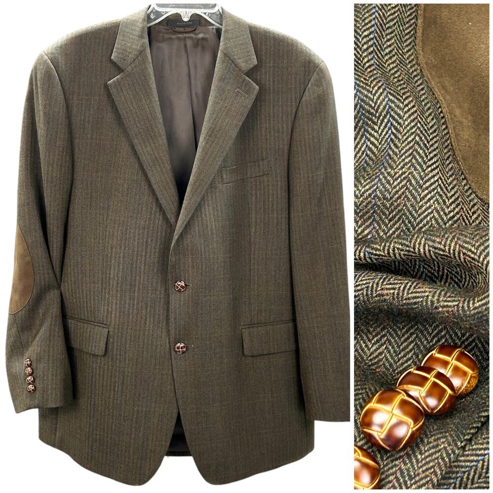 Ralph Lauren Sport Coat Mens 44R Herringbone WOOL TWEED Blazer Jacket Elbow Patc